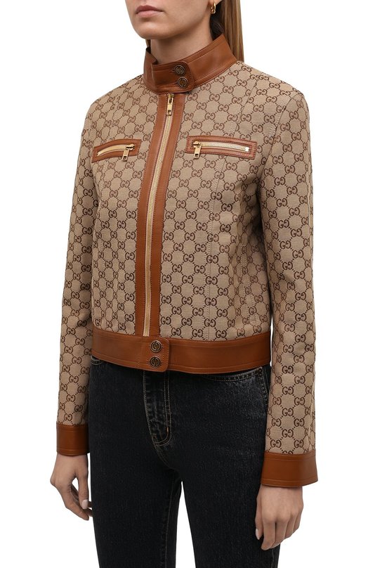 Хлопковая куртка с кожаной отделкой | Gucci | Бежевый - 5